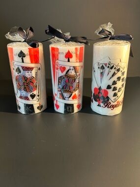 New Playing Card Pillar Candle Set - White and Red - Set of 3